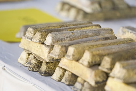 Stack gold bars for making merit and casting Buddha statues were placed in a mess. The gold bars,...