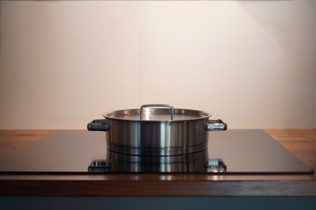 stainless steel pot on electronic modern flat stove in low light on counter kitchen roomの写真素材