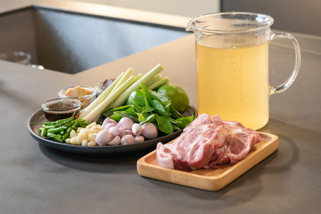 Close up to packshot of Raw Pork and herb ingredients, preparation for Cooking in Thai food menu.の写真素材