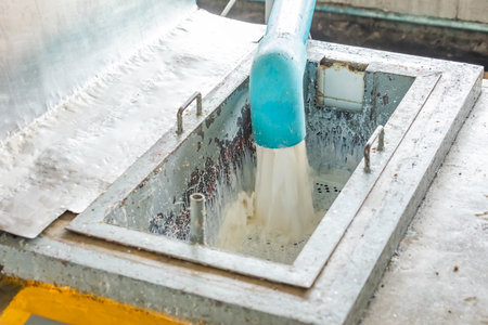 Milky white liquid gush out of the blue plastic industrial water pipe and flow through metal filter.の写真素材