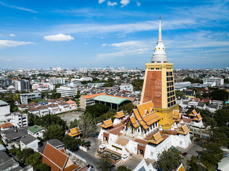 Drone Shot of Thailand temple names Wat Dhammamongkol, Located in Phra Khanong, Bangkok, Thailand....