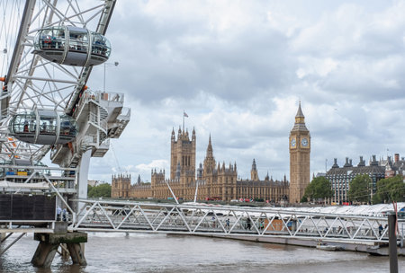 London cityscape features the clock tower and observation wheel, illustrating the harmony of...