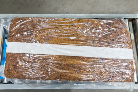 The natural rubber bales products on the industrial automatic conveyor belt machine in a rubber...