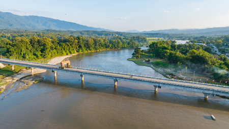 Cement bridge over Omkoi river in Northern Thailand. Cement bridge is very stronger for transportation, travel and development.の写真素材