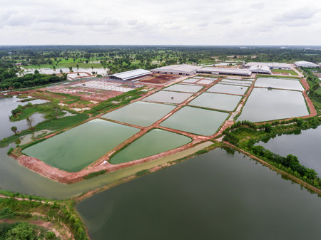 The aerial view of many ponds and paths near the manufactory shot by drone.の写真素材
