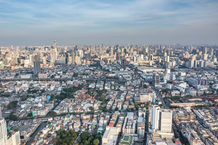 A view from above provides a stunning look at the urban landscape of Bangkok.の写真素材