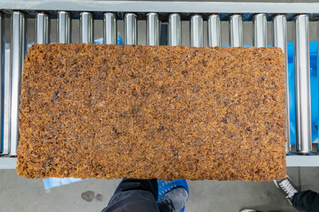 The natural rubber bales products on the industrial automatic conveyor belt machine in a rubber...