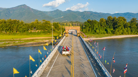 Cement bridge over Omkoi river in Northern Thailand. Cement bridge is very stronger for transportation, travel and development.の写真素材