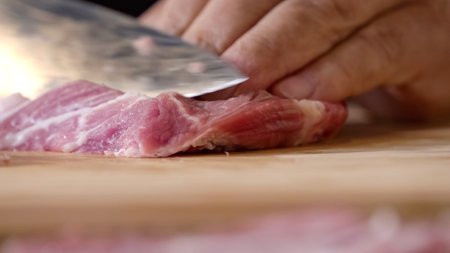 Close up of chef Butcher cutting pork meat with knife on kitchen, cooking food. The chef butcher preparing pork meat for cooking.の写真素材