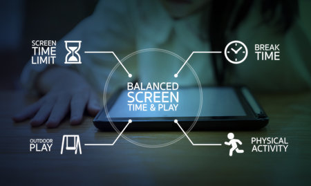 Tablet as glowing icons highlight the idea of balancing screen time with real world activities, ...
