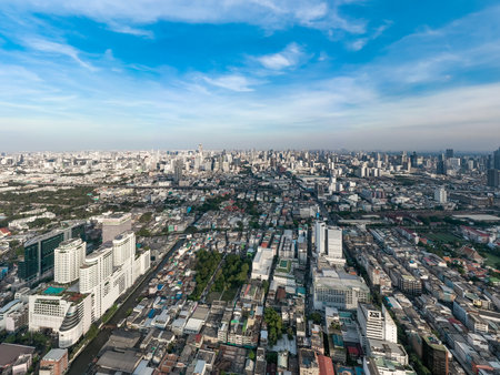 A view from above provides a stunning look at the urban landscape of Bangkok.の写真素材