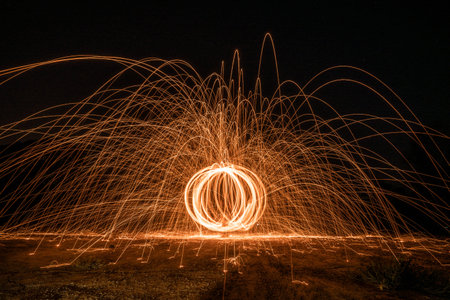 Spinning and burning Steel wool sparkle fire in the circle shape with long speed shutter shoot...