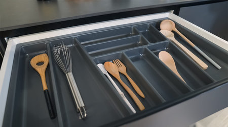 Different utensils in open drawer indoors, close up. Kitchen utensils such as spoon, ladle, scoop,...