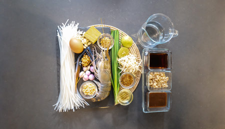 Flatlay Top Table of Pad Thai has a main ingredient such as noodle, shrimp, garlic chives, yellow...