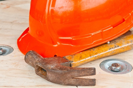 old hammer and old helmet