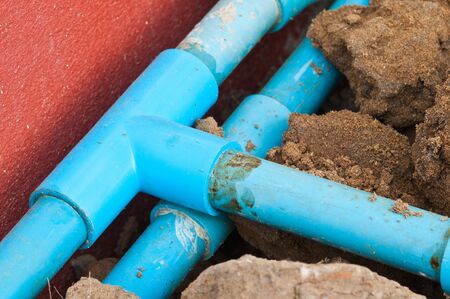 old blue pipe of the water work systemの写真素材