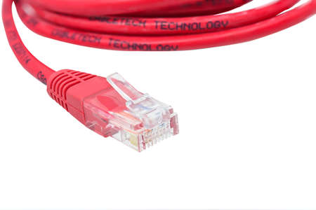 red LAN cable on white background closeupの写真素材
