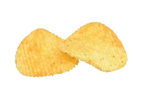 delicious two potato chips on white background closeupの写真素材