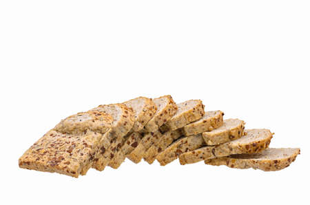 curved row of whole wheat bread  slices  on white background closeupの写真素材