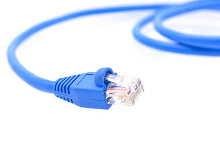blue LAN cable on white background closeupの写真素材