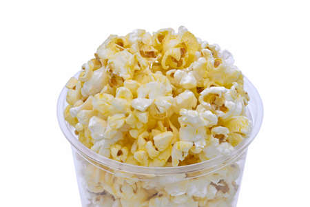 colorful popcorn in plastic cup on white background closeupの写真素材