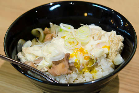 chicken and egg with sauce over riceの写真素材