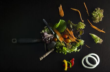 A dish of vegetable salad including herbs, onions, tomato on black backgroundの写真素材