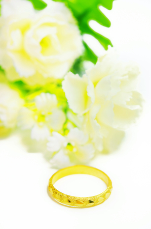 Gold pendant cameo fancy ring jewellery with special Thai gold design and flowers isolated on white backgroundの写真素材