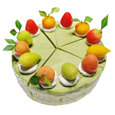 Colorful sponge cake with pandan layer sweet cake isolated on whiteの写真素材