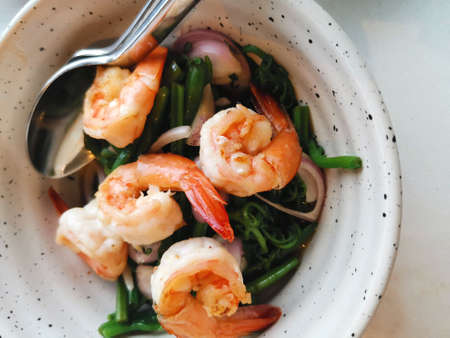 Stir Fried Vegetables with Shrimp top viewの写真素材