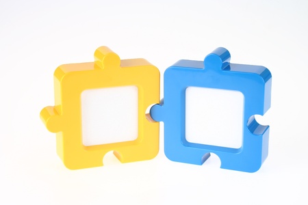 Couple of Jigsaw-Shape Photo Frame in Yellow and Blueの写真素材