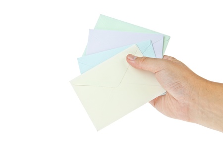 Colurful envelop with hand isolated on white background