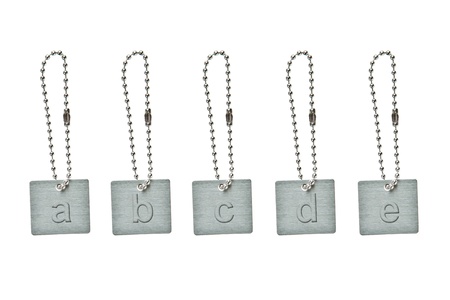 Silver metal key tag with small letter a-e