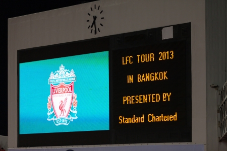 BANGKOK - JULY 28   Liverpool logo and name of the event on the scoreboard during match between Thai National team and Liverpool FC in LFC Tour 2013 tournament in Bangkok, Thailand during 25-28 July 2013のeditorial素材
