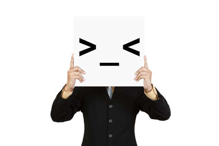 Businessman hold board with grumpy face emoticon isolated on white 