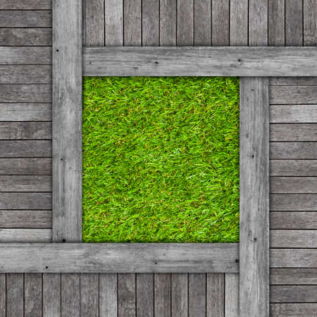 Wooden floor texture on artificial grass background