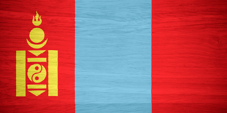 Mongolia flag on wood textureの写真素材