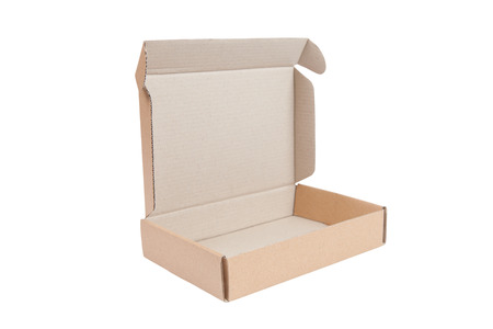 Empty brown cardboard paper box opened isolated on white background