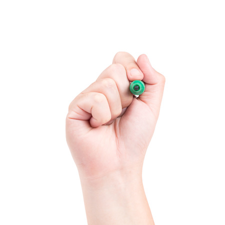 Right hand with green marker isolated on white backgroundの写真素材
