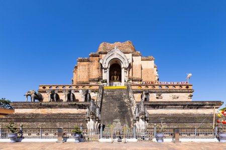 Wat Chedi Luang Varavihara surrounding with color flag, a destination of tourist in Chiang Mai,...
