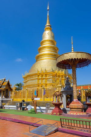 Wat Phra That Hariphunchai temple in lamphun province, a popular tourist destination in northern of Thailandの写真素材