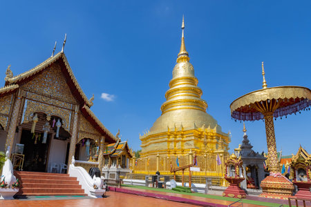 Wat Phra That Hariphunchai temple in lamphun province, a popular tourist destination in northern of Thailandの写真素材