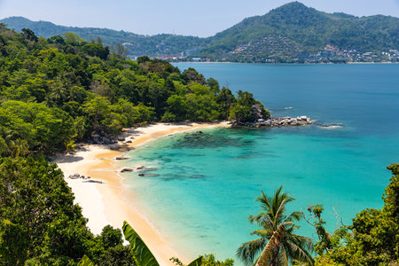 Laem singh beach view in a sunny day from Laem Singh viewpoint, the tourist destination in Phuket, Thailandの写真素材