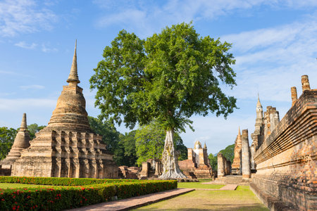 Ancient Buddha statue and ruin of temple of Wat mahathat temple in Sukhothai Historical Park, which also one of UNESCO Heritage Siteの写真素材