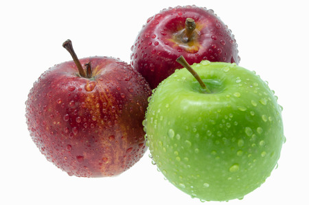 Green and red apple isolated on whiteの写真素材