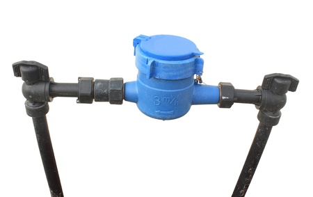 Blue Water meter and Plumbing on white backgroundの写真素材