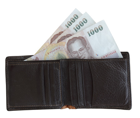 Black wallet with money  on white backgroundの写真素材