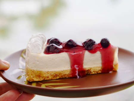 Blueberry cheesecake on a brown plate.の写真素材