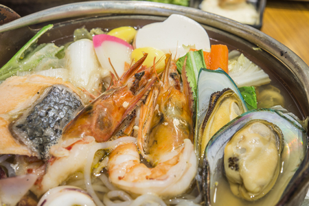 japanese food, fresh seafood, salmon, mussels, squid, shrimp, healthy food.の写真素材