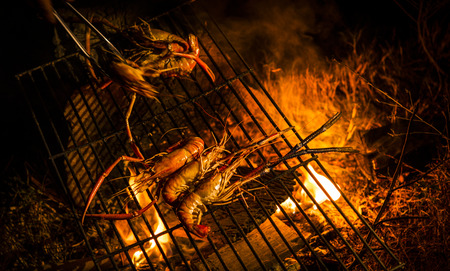 delicious prawn spit on grill with flames in backgroundの写真素材